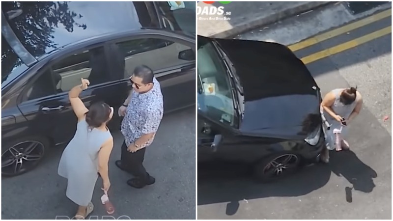 A man and woman in a heated dispute yesterday in Geylang. Photos: Road.sg
