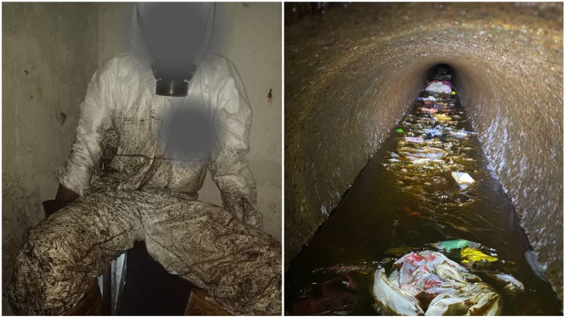 At left, a soiled migrant worker in a hazmat suit and a clogged sewage pipe, at right. Photo: HOME/Facebook
