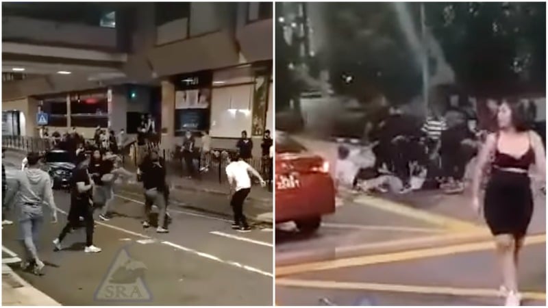 Stills from Sunday morning’s fight outside Orchard Towers on Sunday. Images: Singapore Road Accident/Facebook
