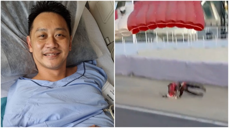 At left, Red Lions parachutist Jeffrey Heng in a hospital bed, and his fall at the National Day Parade, at right. Photos: Defence Minister Ng Eng/Facebook, Mediacorp
