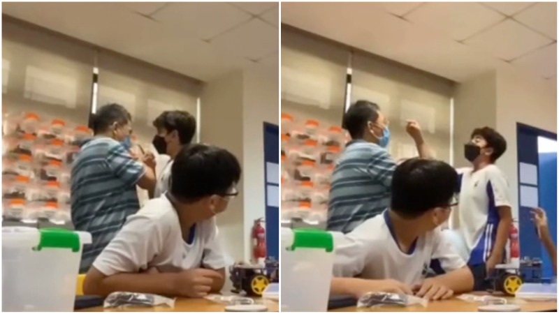 A student bullying a teacher in front of classmates in a video circulating online today. Photos: Shakiraleftboob/Reddit
