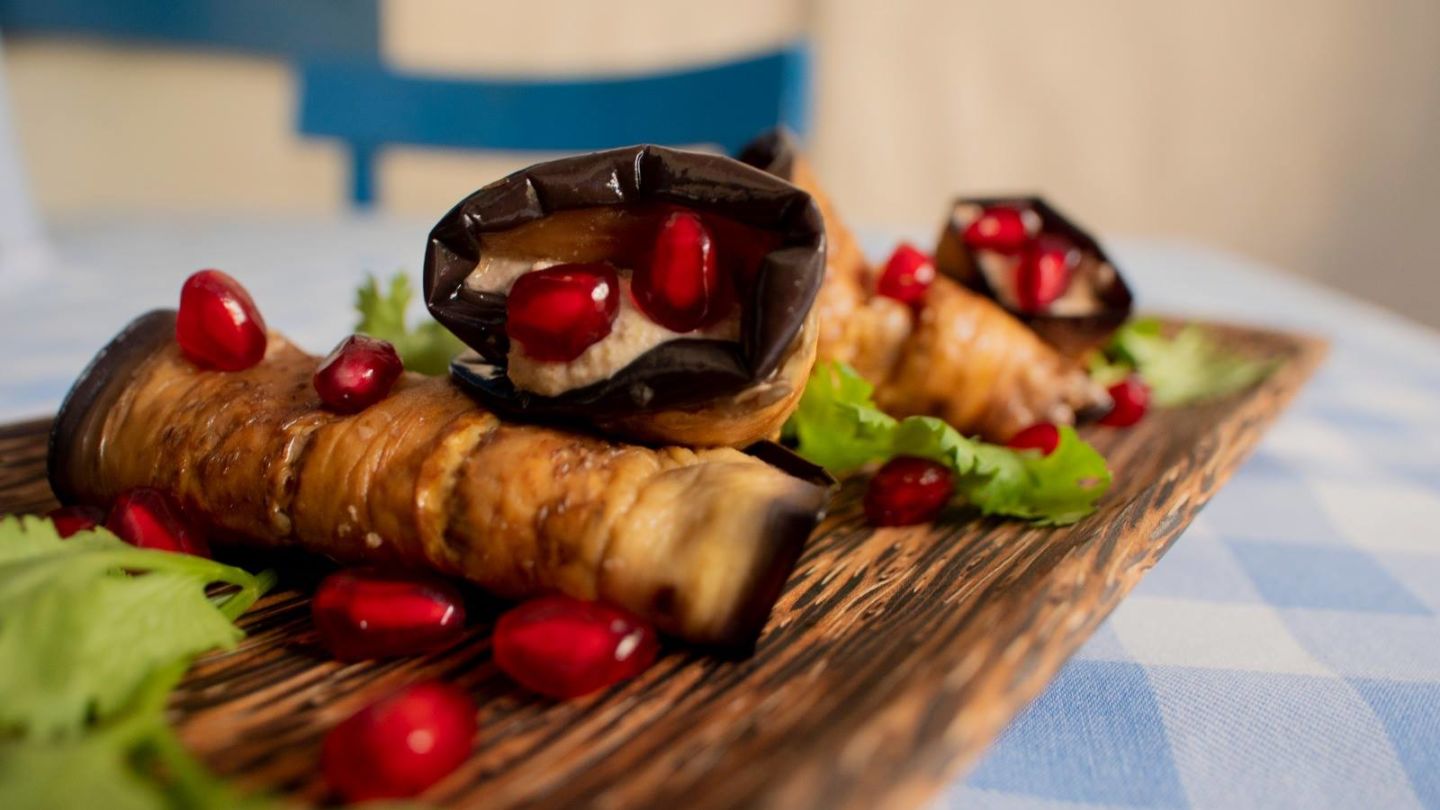 A photo of badrijani, an eggplant roll with walnut paste and pomegranate seeds, at Avra. Photo: Avra Greek Georgian Restaurant
