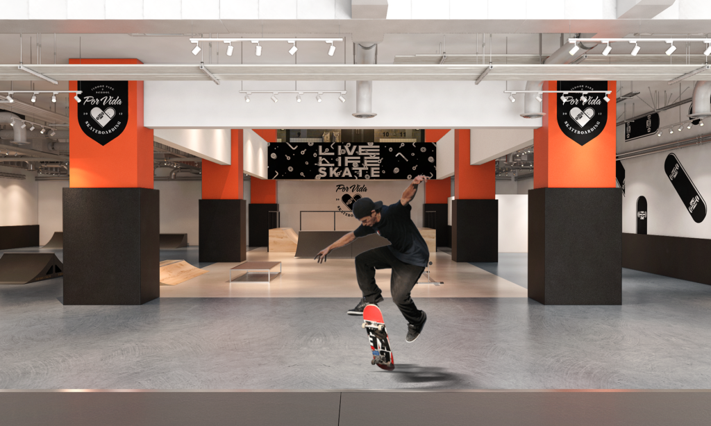 An artist impression of the indoor skatepark in GR.iD Mall. Image: Por Vida Skateboarding