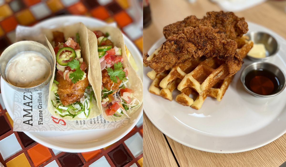 From Left: Fish tacos from Zibaa, Fried chicken and waffles from Hot Stuff. Photo: Coconuts Media