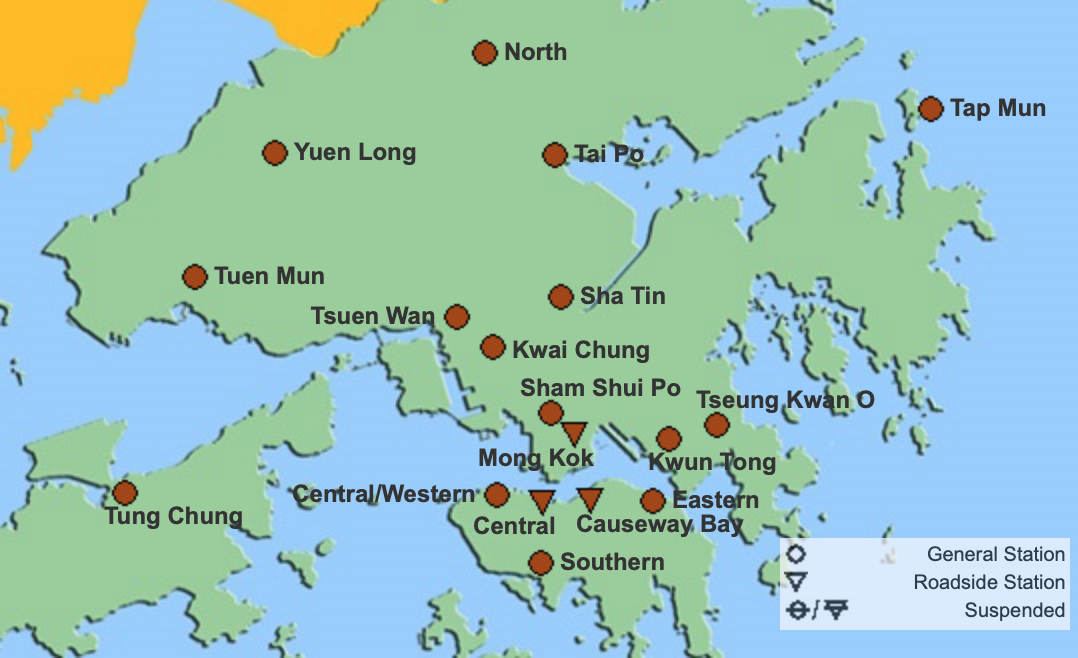 The AQHI at different stations across Hong Kong, with brown indicating a very high level of health risk. Photo: Environmental Protection Department
