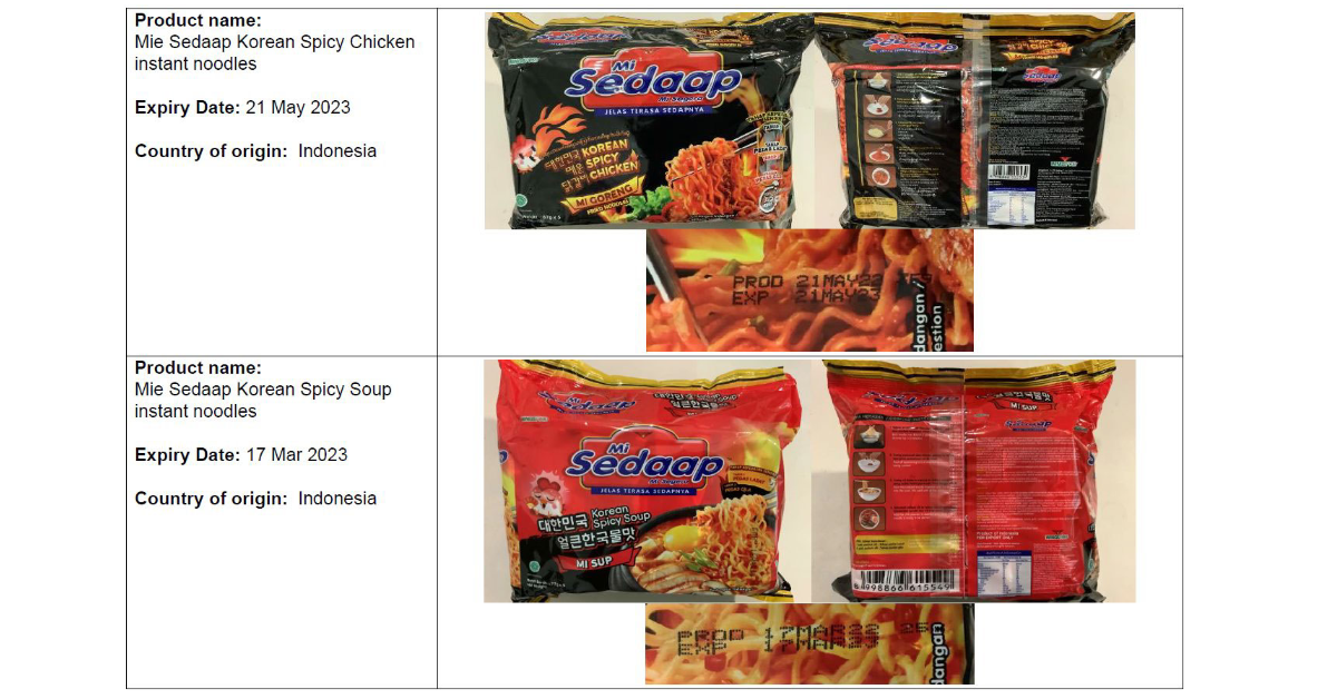 Two Mie Sedaaap products recalled. Photo: Singapore Food Agency