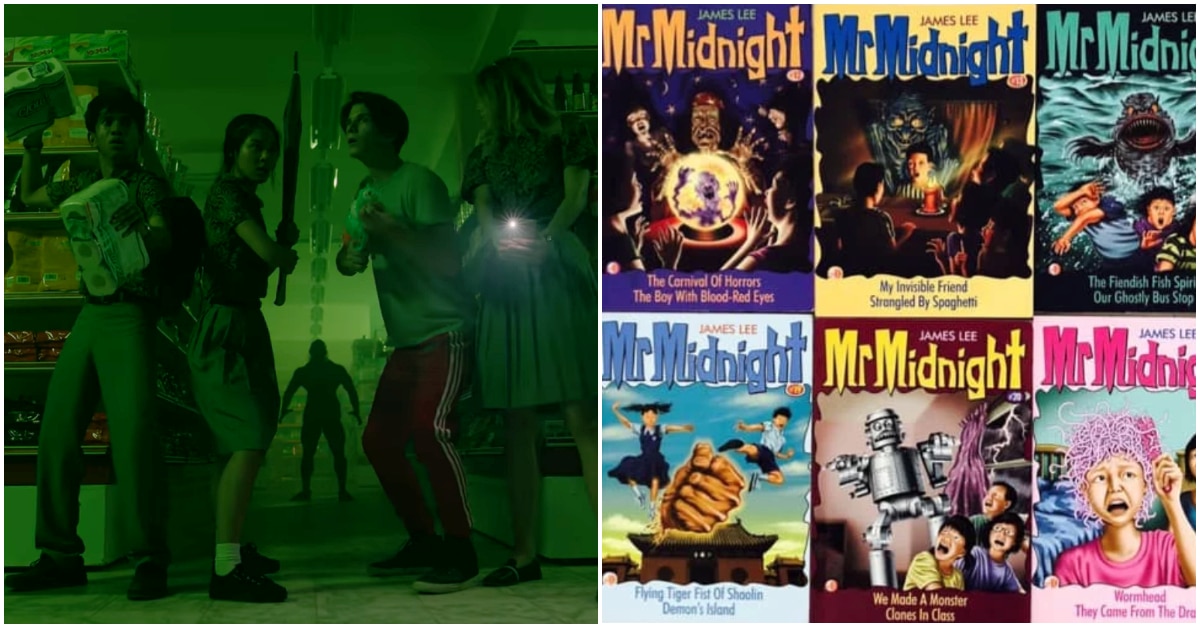 At left, a scene from Netflix’s Mr. Midnight: Beware the Monsters and a collage of James Lee’s Mr. Midnight books, at right. Images: Netflix, Angsana Books, Flame Of The Forest Publishing
