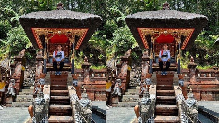 An Instagram photo showing a foreign male sitting on a shrine at a Bali temple went viral on Oct. 1, 2022, and sparked backlash from netizens. Photo: Screengrab.