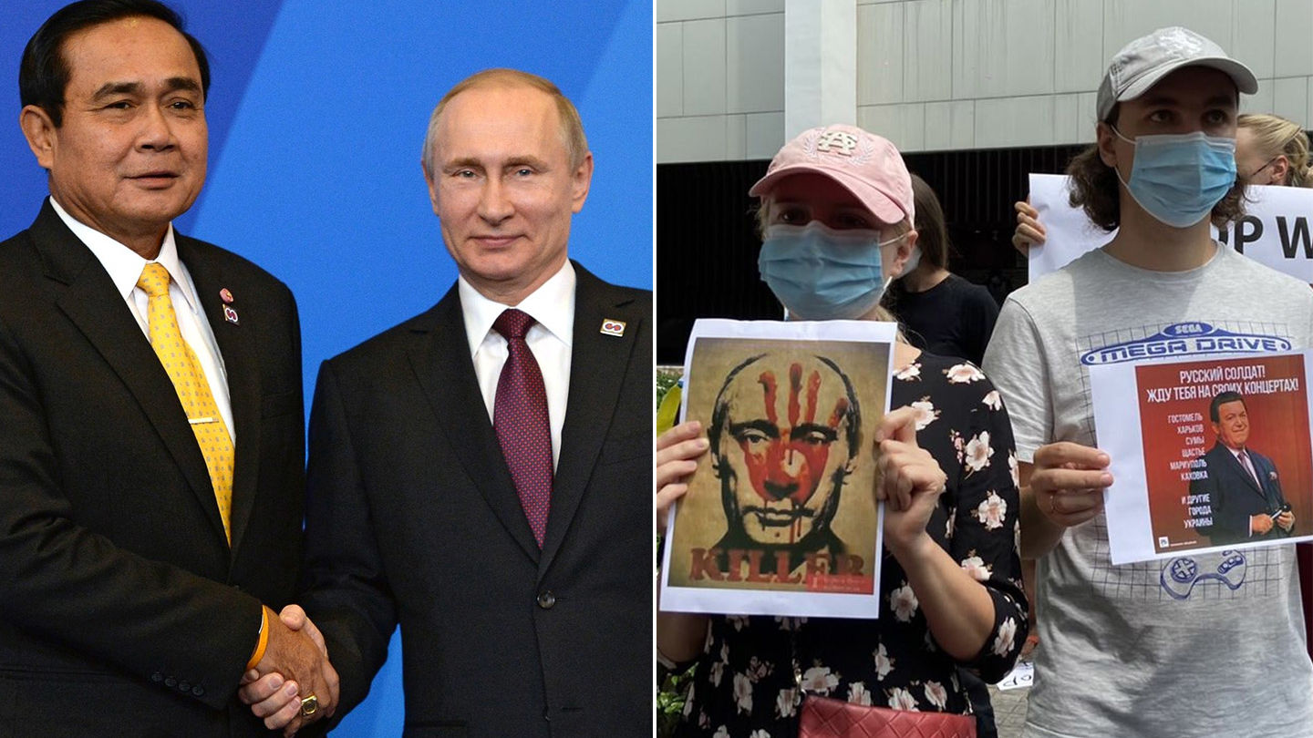 Thai Prime Minister Prayuth Chan-ocha meets Russian President Vladimir Putin in May 2016 in Sochi, Russia, at left. At right, protesters in Bangkok decry Russia’s invasion of Ukraine in February 2022. Photos: President of the Russian Federation, Coconuts