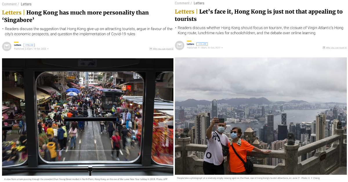 Letters debating tourism in Hong Kong and Singapore published in the past week on South China Morning Post. Photos: South China Morning Post
