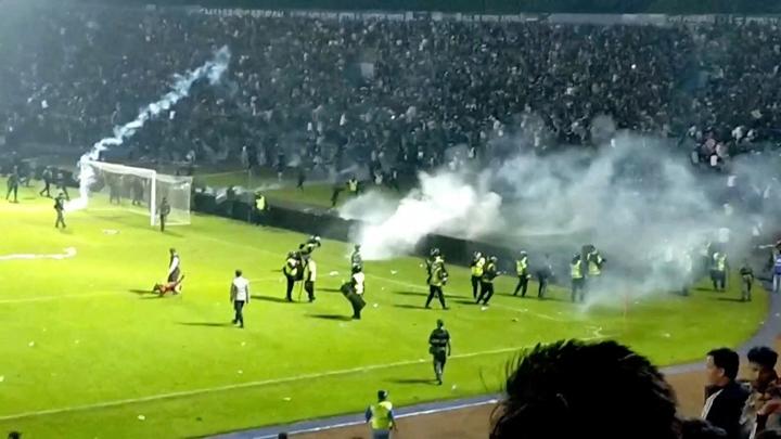 Tear gas being used on spectators at Karunjuhan Stadium on Oct. 1, 2022. Photo: Video screengrab