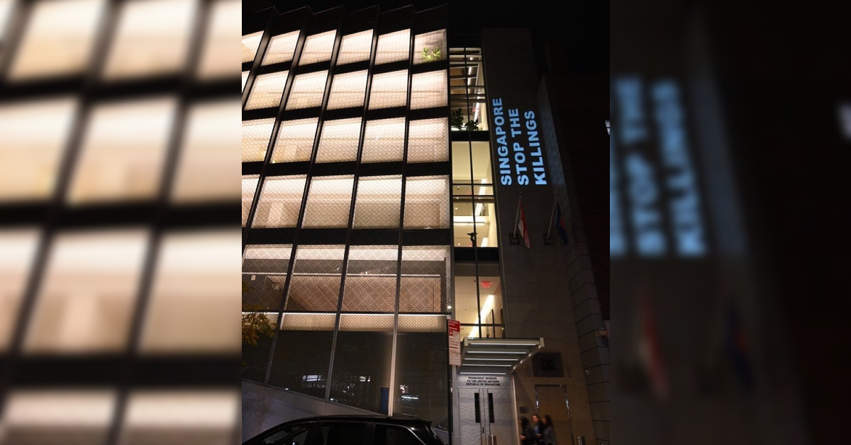 The light-up display on the Singapore Consulate building in New York. Photo: Transformative Justice Collective/Facebook
