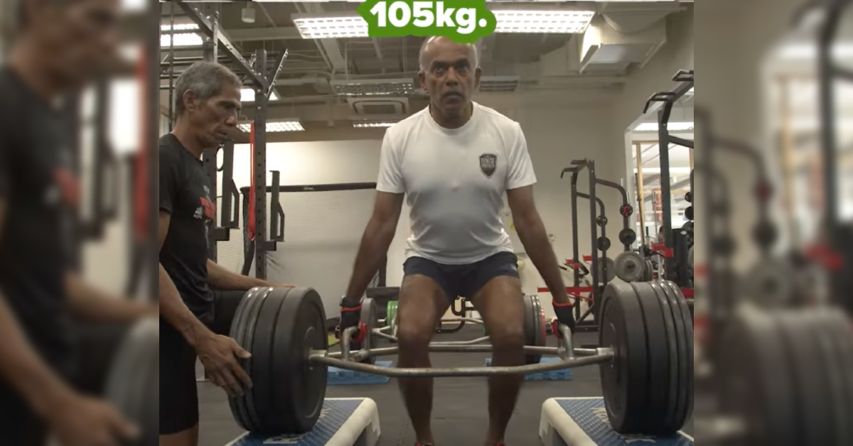 Law and Home Affairs Minister K Shanmugam attempts to deadlift 105kg. Photo: K Shanmugam/Facebook
