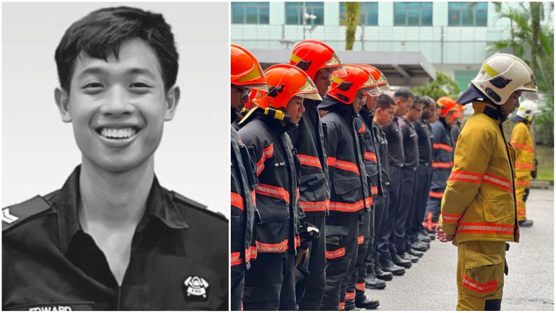At left, the late Sergeant Edward H Go, and firefighters from Sengkang Fire Station observing a minute of silence, at right. Photo: SCDF/Facebook, Obits
