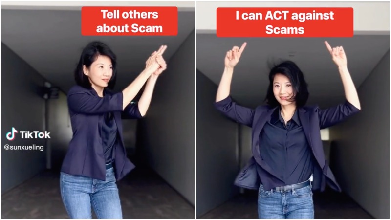 The Singapore Minister’s mini TikTok dance telling viewers against scams. Photos: Sun Xueling/TikTok
