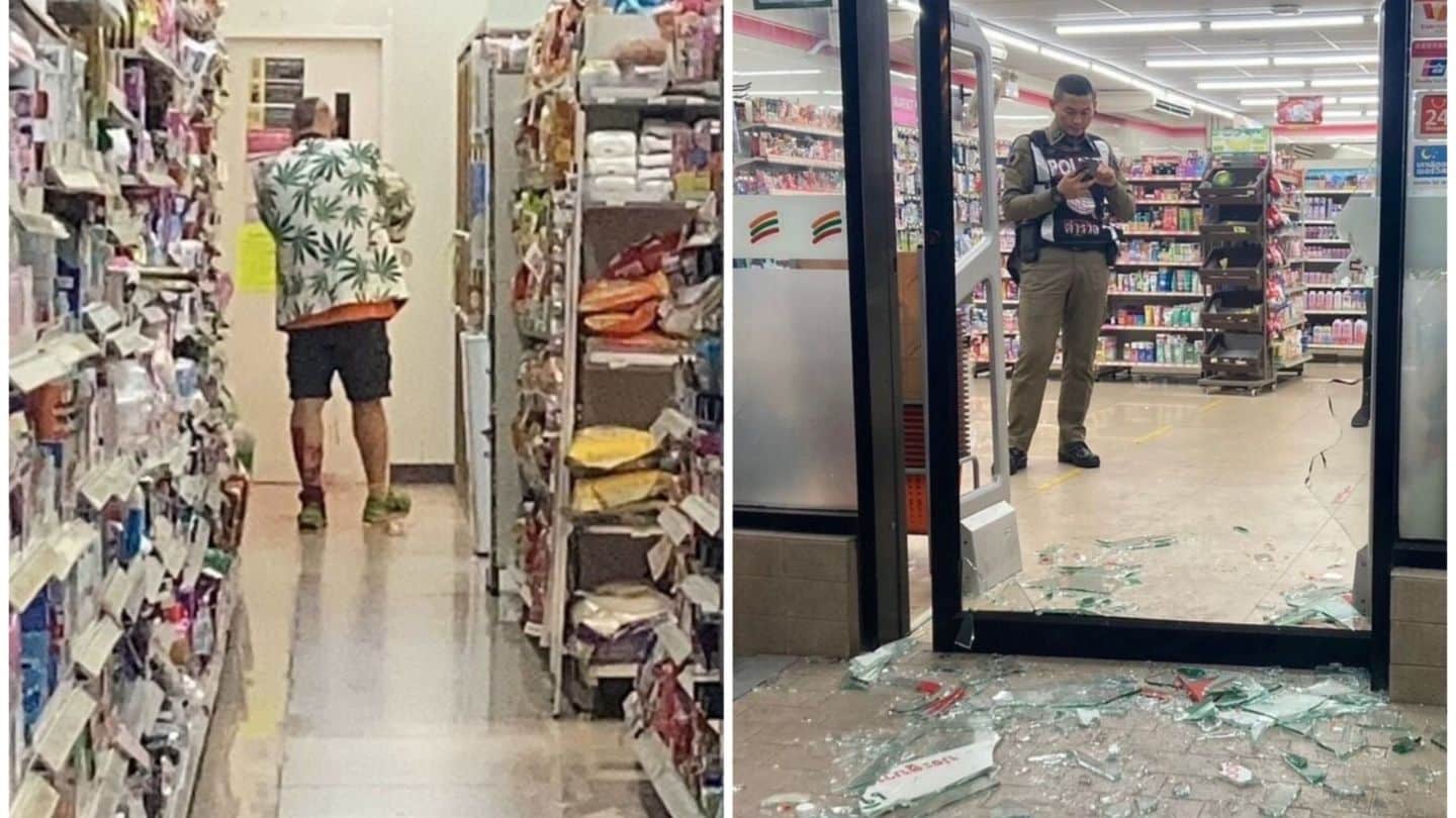 A foreign national mid-rampage inside a Pattaya 7-Eleven, at left, and police inspecting the aftermath, at right. 
