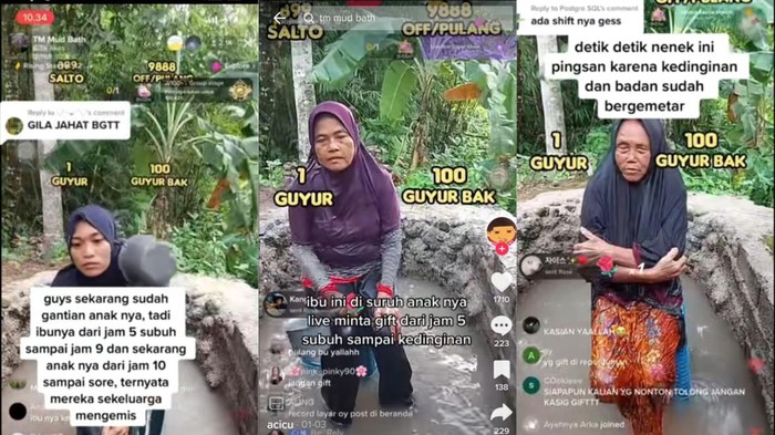 Screenshots of women in Lombok doing the mud bathing challenge for money. 
