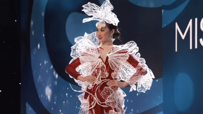 Miss Universe Singapore 2022 Carissa Yap wearing the 3D-printed costume for the National Costume competition yesterday. Photo: Miss Universe/Facebook
