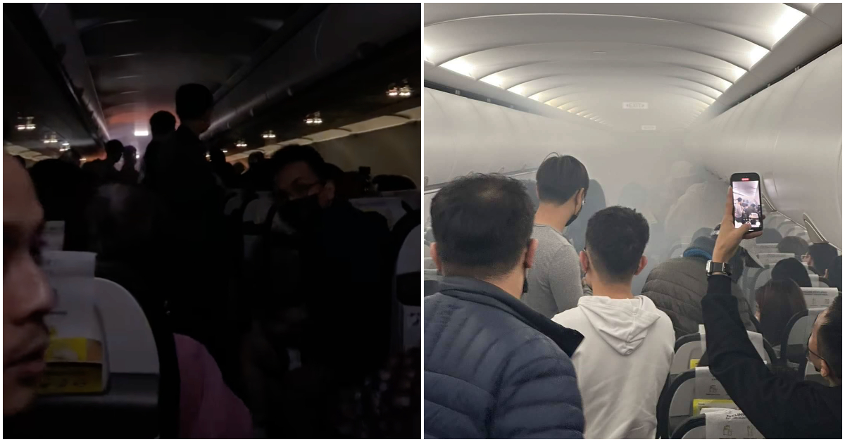 Passengers onboard a Scoot flight yesterday where a power bank caught fire. Photo: Wen Shan Tsai/Facebook, Wang Hau Yu/Facebook 
