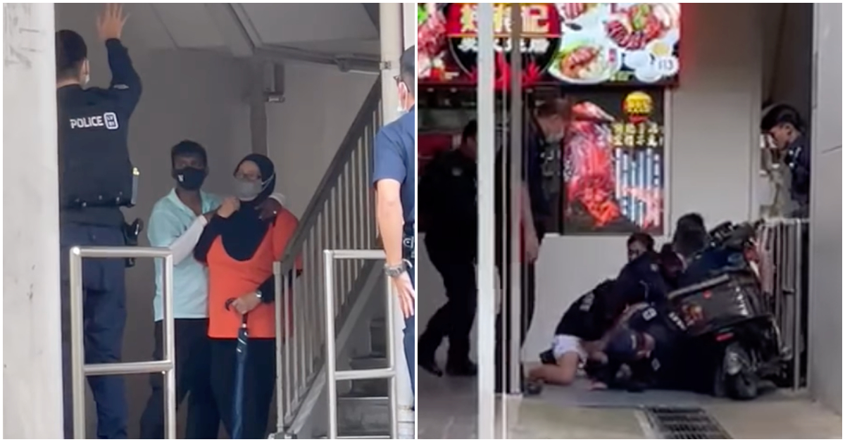 The 42-year-old man holding a 60-year-old woman hostage at Yishun Ring Road today. Photos: Dino Karishma/Facebook
