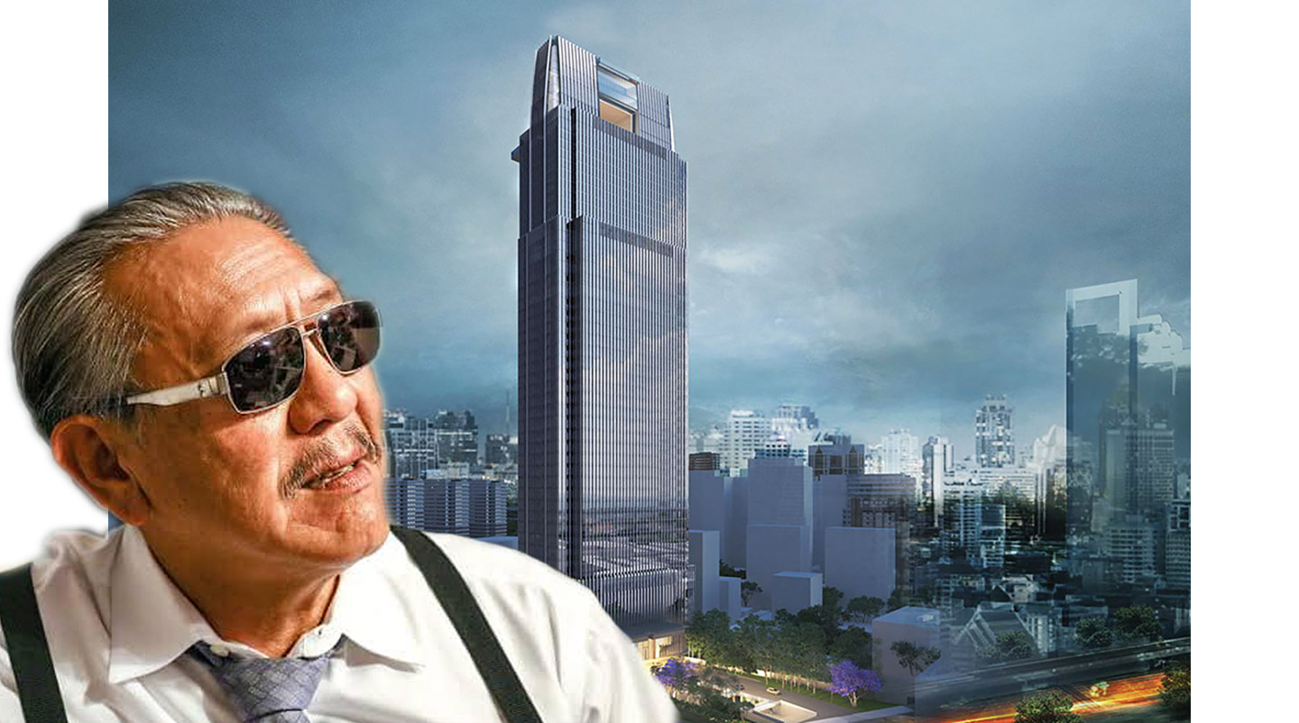Chuwit Kamolvisit, from his Facebook, with a marketing rendering of the 10th Avenue development on the site of former Chuvit Garden, formerly Sukhumvit Square. Image: Davis Corp.