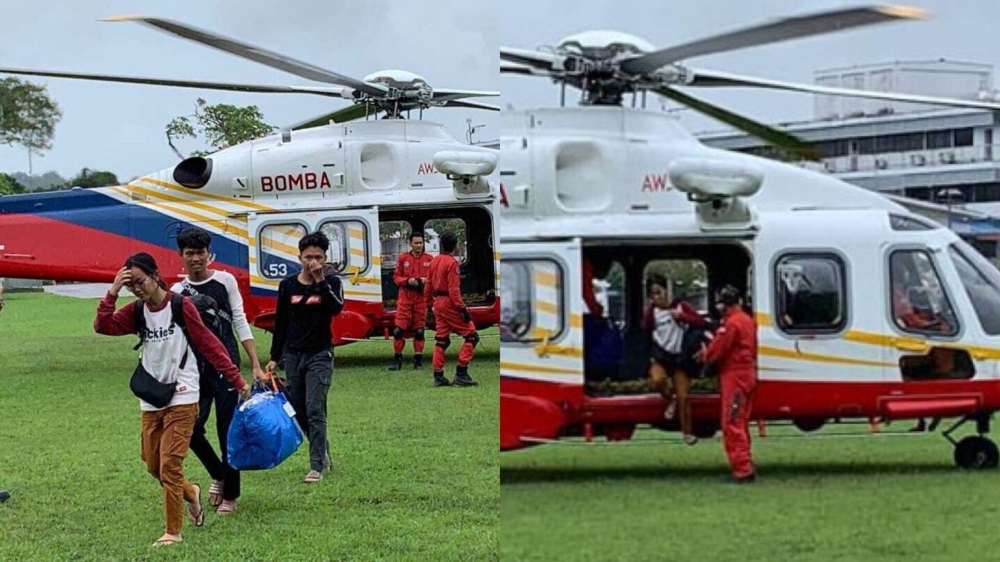 The three indigenous students captured leaving the aircraft after arriving in their school compound. Photo: SMK Nitar 
