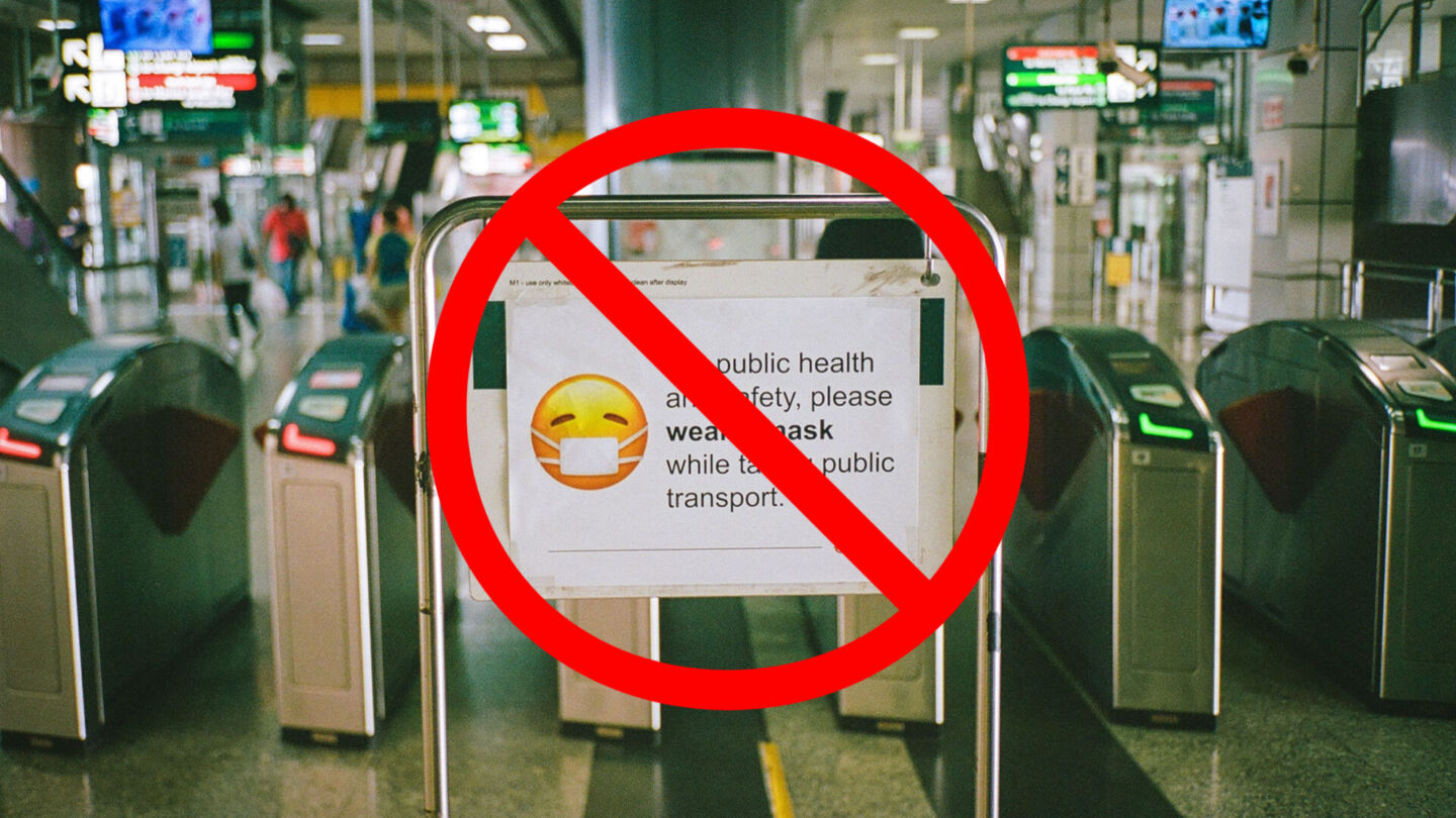 A crossed-out sign telling Singapore commuters to wear masks on public transport. Photo: Unsplash