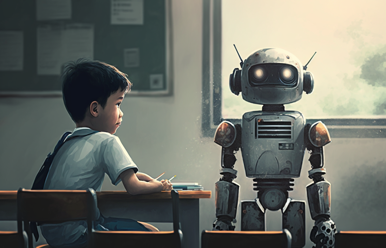 A robot sitting next to a student. Artwork by Midjourney AI