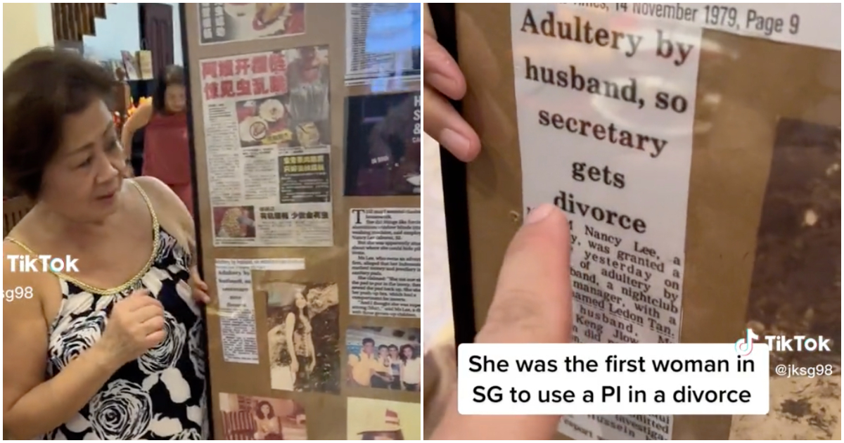 Screengrabs from the TikTok posted yesterday of a mother receiving a framed photo of newspaper clippings for her birthday. Photos: Jksg98/TikTok
