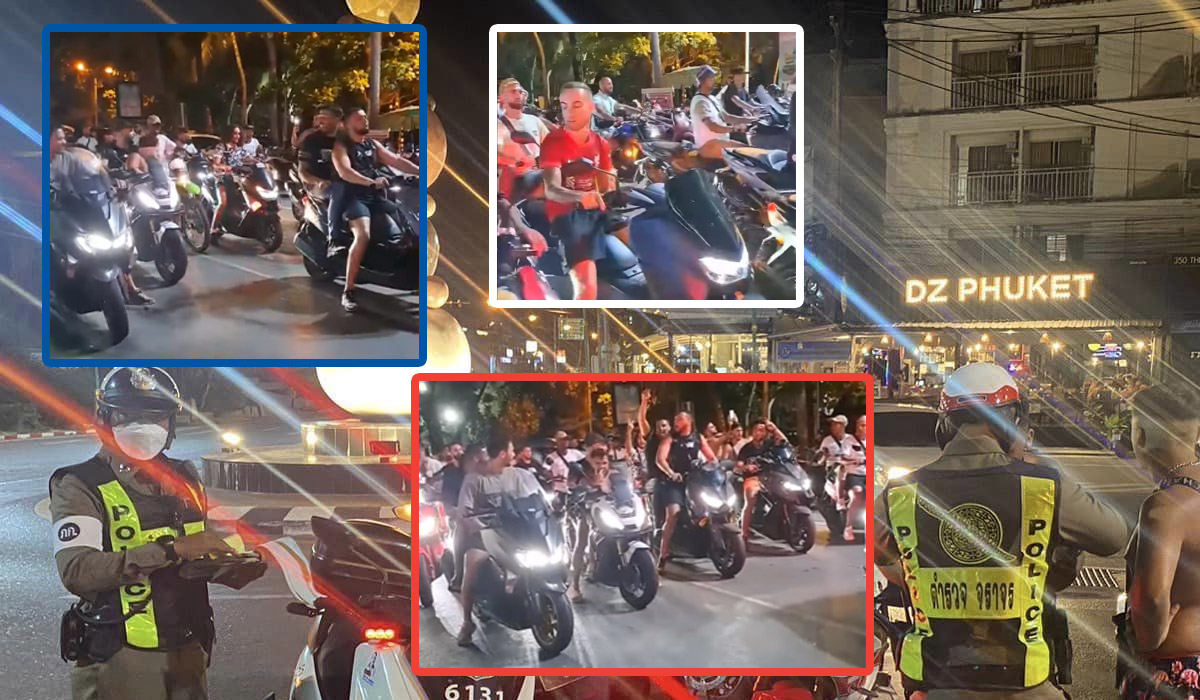 French parade past Phuket’s Patong Beach on Wednesday night in inset images taken from video posted to Facebook by Phuket Info Center. Background photo: Patong Police