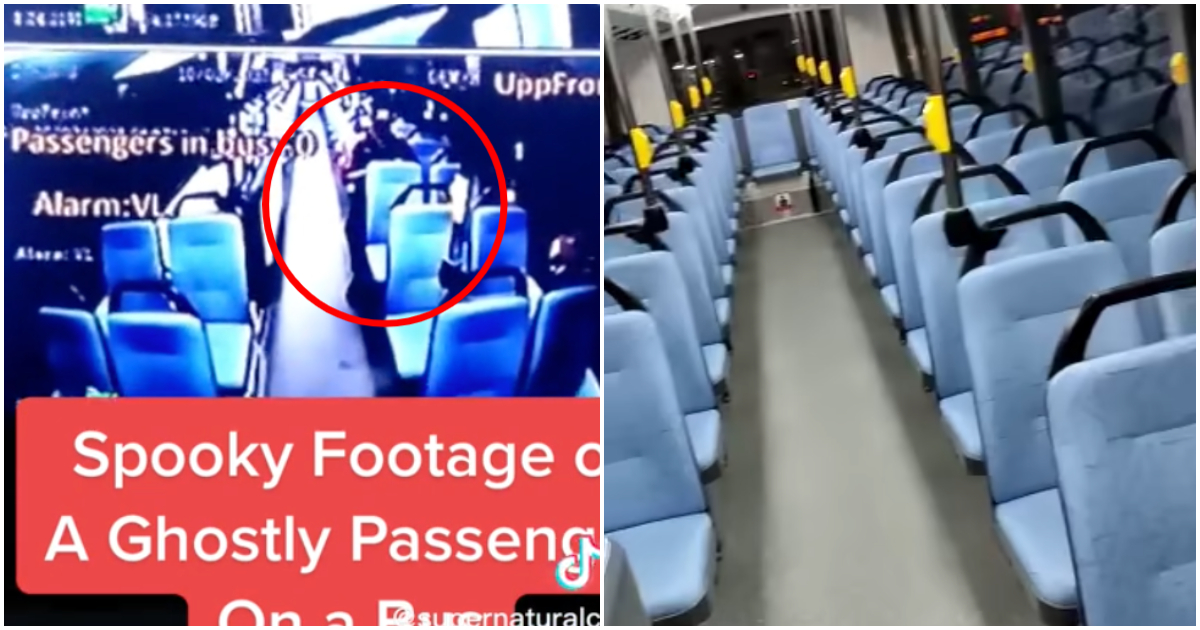 At left, a screengrab from the clip showing a black figure sitting on the bus’ upper deck, and an empty bus, at right. Photos: Supernatural Confessions
