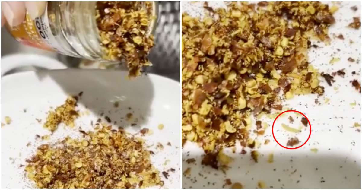 Screengrabs from the video showing maggots wriggling out from a bottle of chili flakes. Photos: Alan/Stomp
