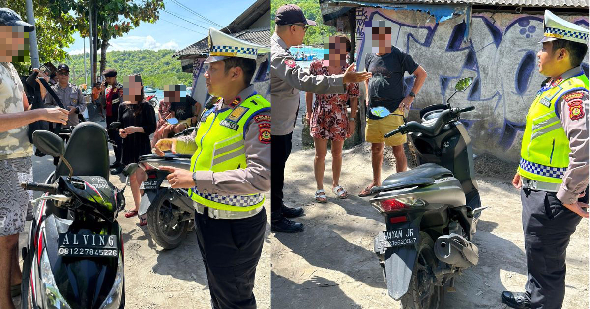 Police officers speaking to foreigners in Bali whose vehicles sported customized license plates. Photos: Bali Police