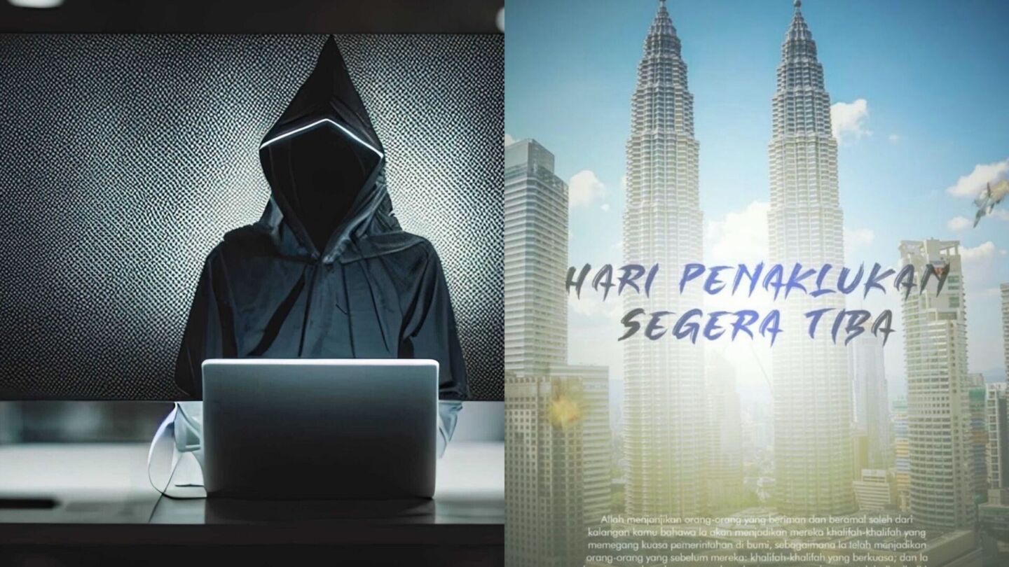 Left pic: The group created an image depicting the Petronas Twin Towers with IS flags flying at the top of the building and a burning fighter jet in the sky along with the words “Hari Penaklukan Segera Tiba” (the day of conquest is soon upon us). 
