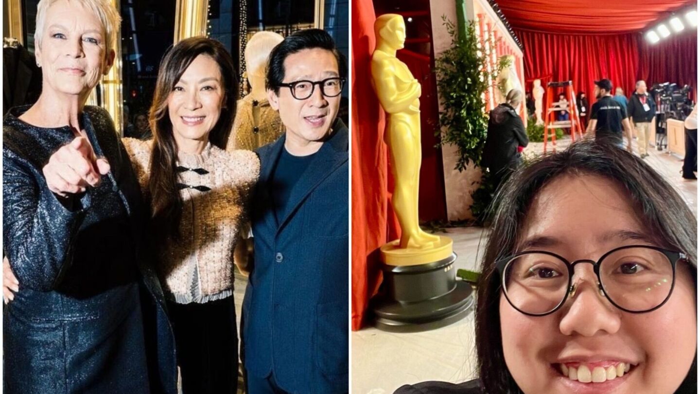 Jutharat ‘Poupay’ Pinyodoonyachet photographed ‘Everything Everywhere All at Once’ cast members Jamie Lee Curtis, Michelle Yeoh, and Ke Huy Quan at Giorgio Armani’s pre-Oscars party, at left, and Jutharat took a selfie, at right. Photos: Poupay Jutharat / Facebook

