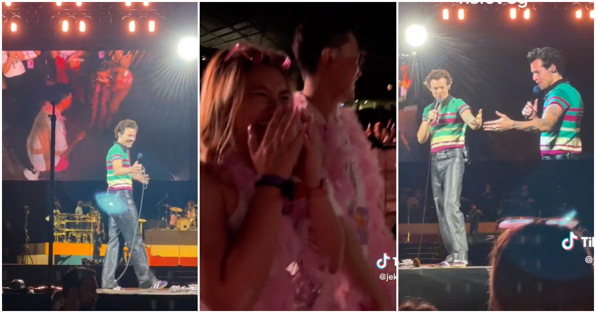 Screengrabs of the TikToks showing Harry Styles helping a man with his proposal during his concert at the National Stadium on Friday. Photos: Jayesyy/TikTok, Jekeyy.heyy/TikTok
