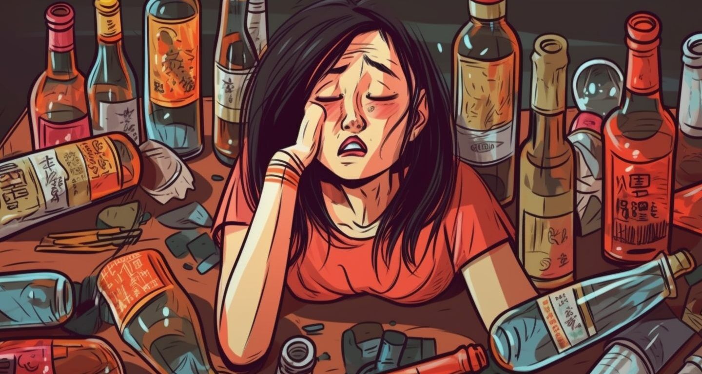 A distressed woman surrounded by liquor bottles, generated by Midjourney.
