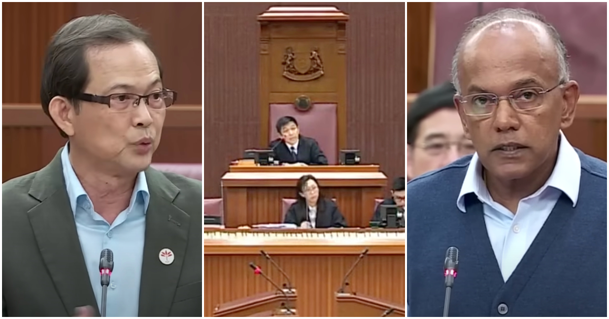 Non-Constituency Member of Parliament Leong Mun Wai, Parliament Speaker Tan Chuan-Jin and Home Affairs and Law Minister K Shanmugam in Parliament yesterday. Photos: MCI/YouTube 
