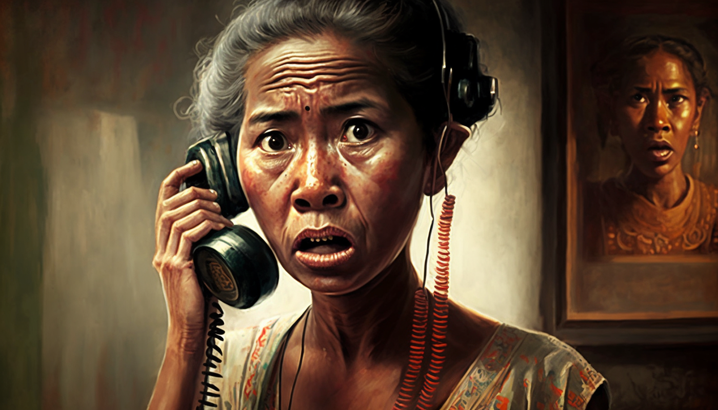 “Worried-looking Thai woman speaks into a telephone.” Image created using Midjourney.