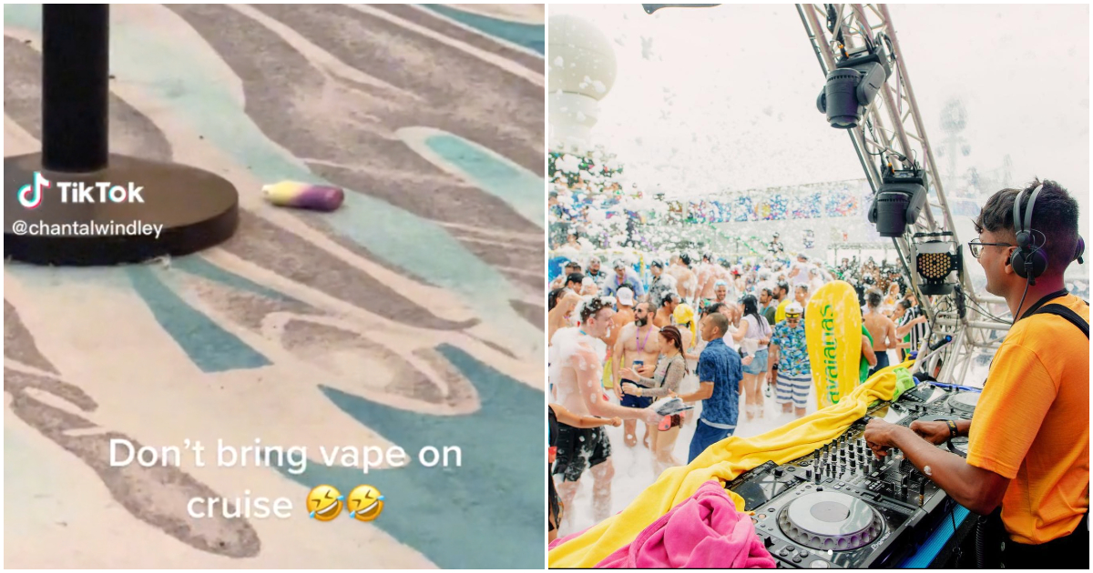 At left, a screengrab from the TikTok showing the vapes on the floor, and a scene onboard the It’s The Ship cruise, at right. Photos: Chantal Windley/TikTok, It’s The Ship/Instagram
