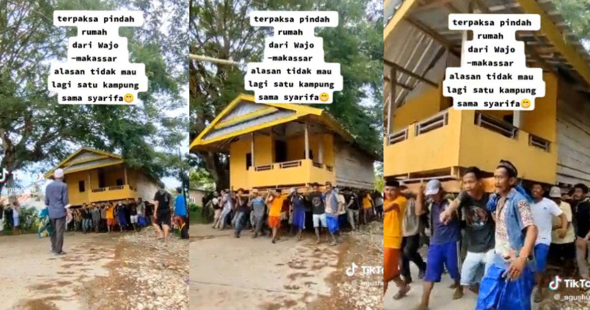 Dozens of villagers literally moving a house in Wajo, Makassar. Photo: Screengrabs from TikTok/@_agushulu_
