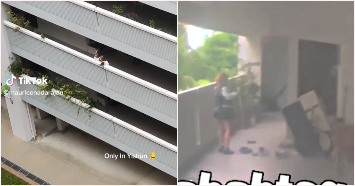 Screenshot from videos of a woman throwing shoes off an Yishun block recently. Photos: Mauricenadarajan/TikTok, Fabrications About Singapore/Facebook
