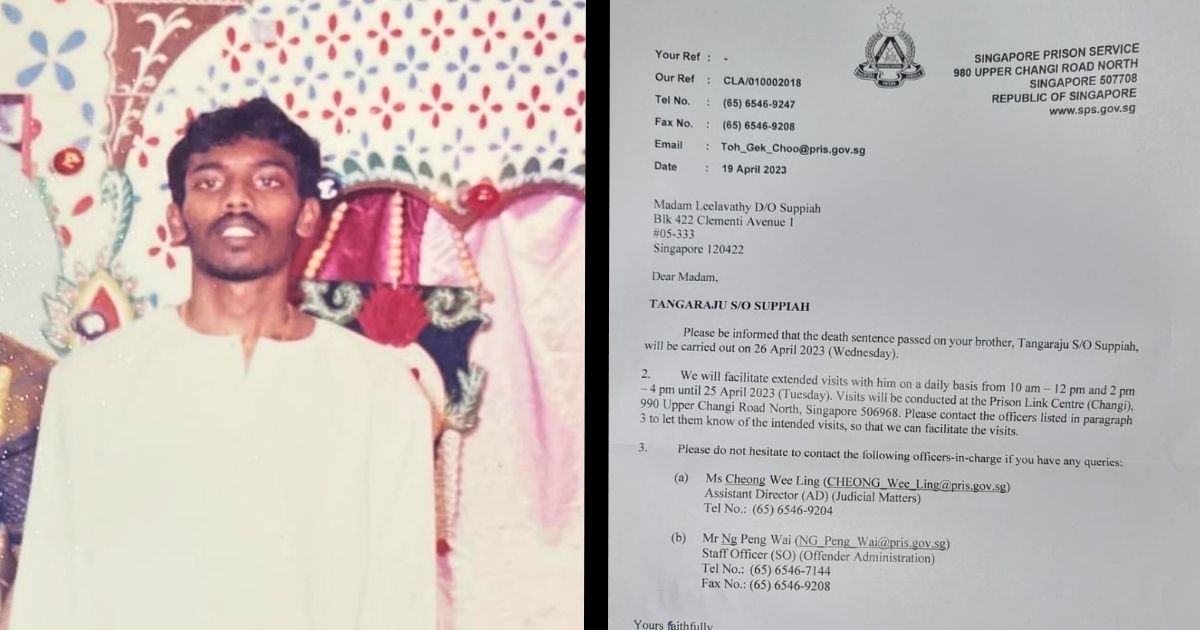 Photos shared by activists from the Transformative Justice Collective of Tangaraju Suppiah (L) and the letter his sister received notifying her of his execution on April 26, 2023 (R). Photos: @kixes / @Kokilaparvathi / Twitter