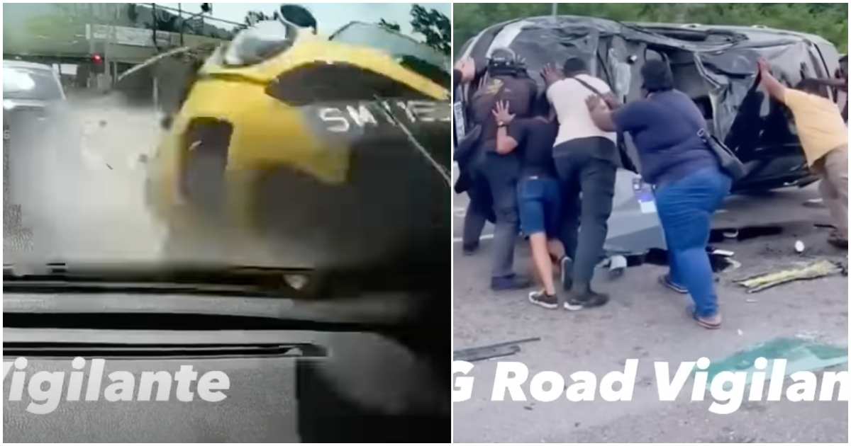Screenshots from videos showing a Singaporean-plated Mini Cooper crashing into a stationary Malaysian vehicle in Kluang, Johor. Photo: Ainzaabar/Twitter, SG Road Vigilante/YouTube
