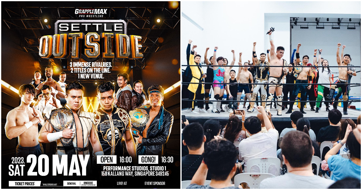 At left, the promotional poster for the upcoming ‘Settle Outside’ show, and wrestlers at Causeway Jam wrestling event in February, at right. Photos: Grapplemax Pro Wrestling Singapore/Facebook
