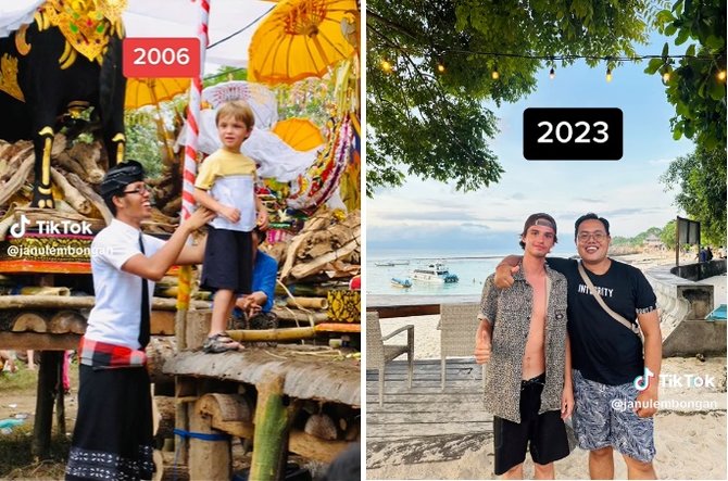 A French man named Victor has reunited with Janu, a Balinese man who looked after him 17 years ago, in a touching reunion that has gone viral on social media. Photo: TikTok @janulembongan.