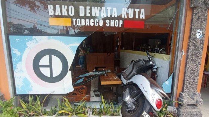 A 18-year-old Australian tourist known only by her initials AGB was caught on camera crashing her scooter into a tobacco store in Kuta on May 22, 2023. Photo: Obtained.