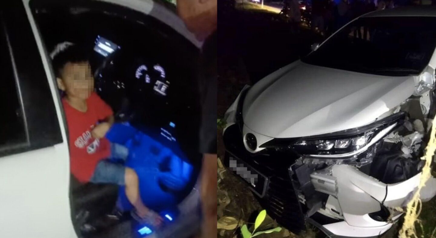 The duo were apparently making their way to a convenience store to buy a toy car before they crashed into a lamppost. PHOTO: Negeri Sembilan Kini Facebook 