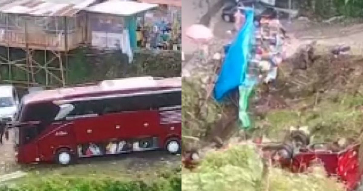 An unattended bus, with 37 passengers on board, plunges into a ravine on May 7, 2023 in Central Java. Photo: Video screengrabs