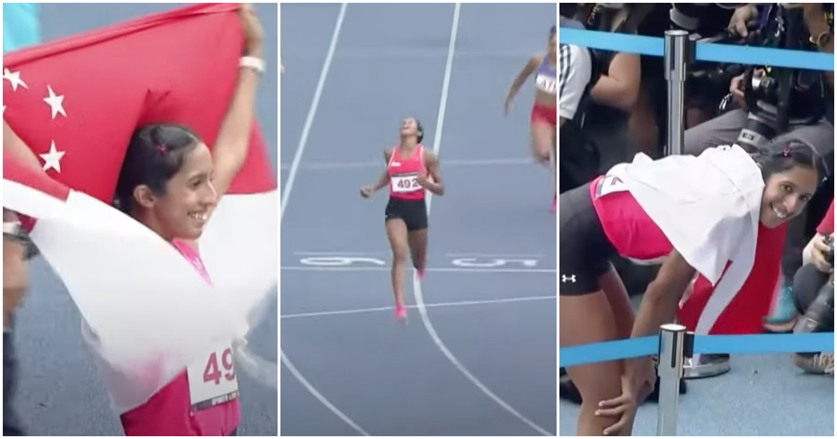 Singaporean sprinter Shanti Pereira competing in the 200m race at the SEA Games in Cambodia. Photos: Mediacorp/YouTube
